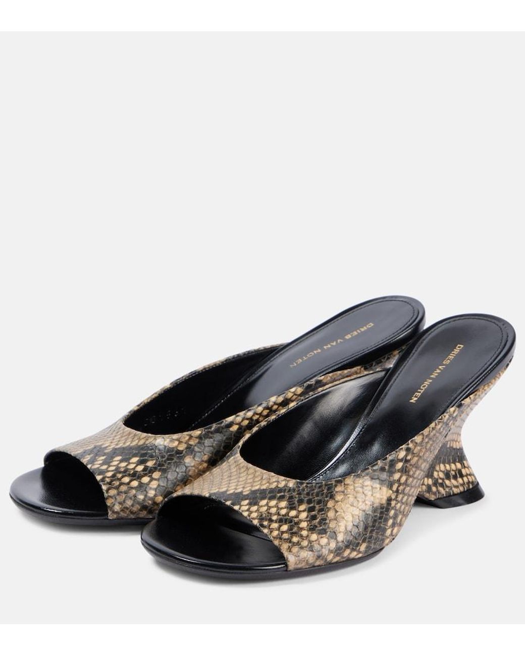Dries Van Noten Black Snake-Effect Leather Mules