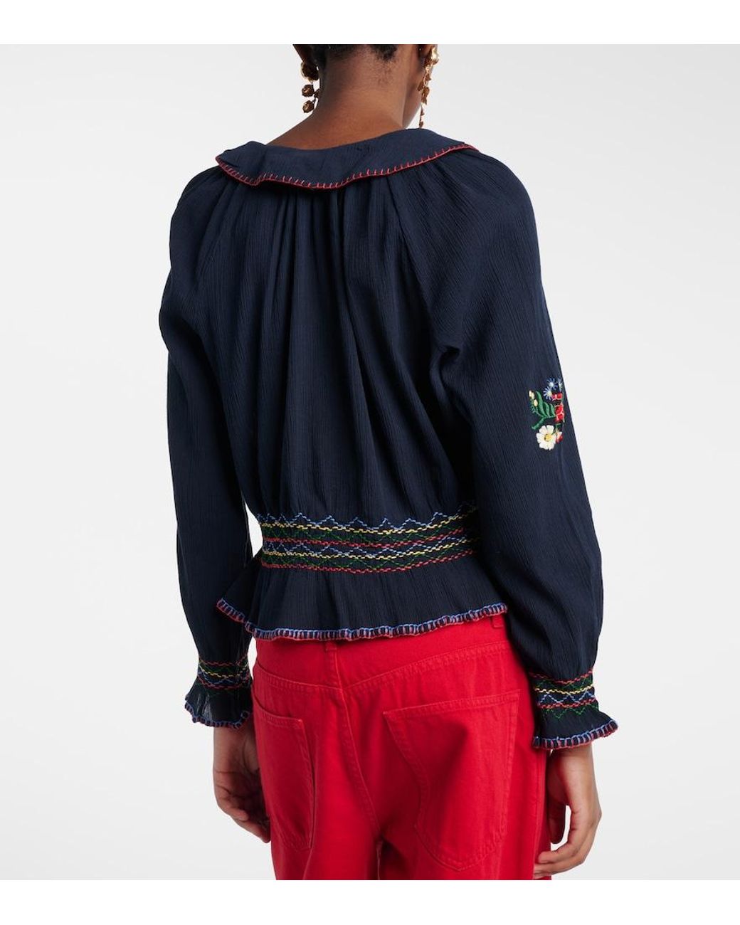 Rixo Blue Sofira Embroidered Cotton Top