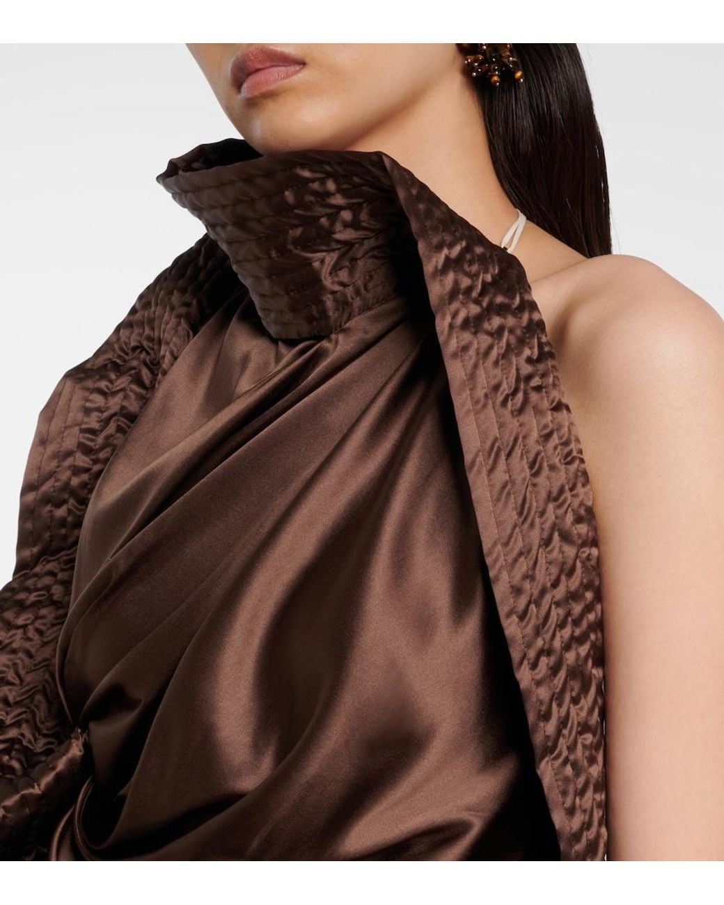 Dries Van Noten Brown Asymmetric Draped Silk-Blend Satin Top