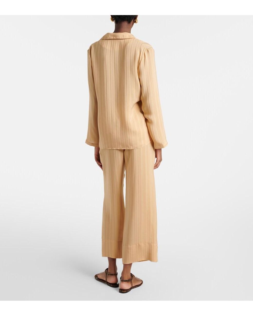 Saint Laurent Natural Striped Cropped Silk Straight Pants