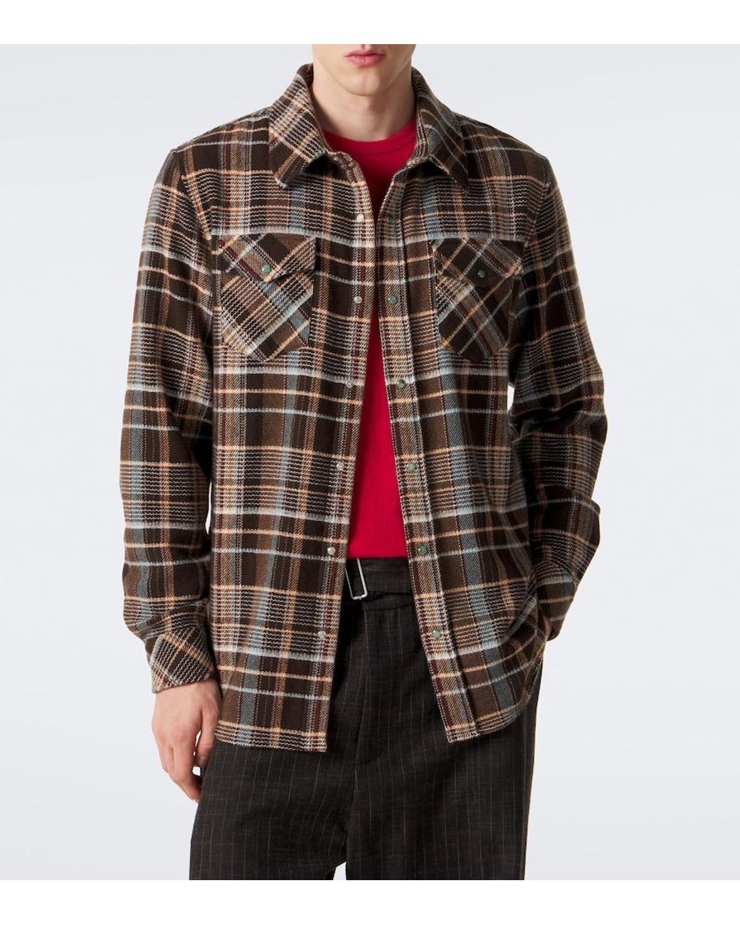 God's True Cashmere Brown Wilderness Plaid Cashmere Shirt With Emeralds for men