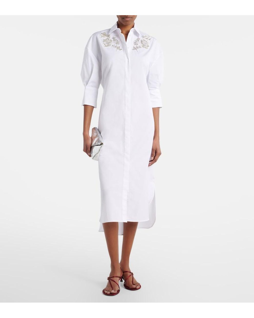 Erdem White Embroidered Cotton Poplin Shirt Dress