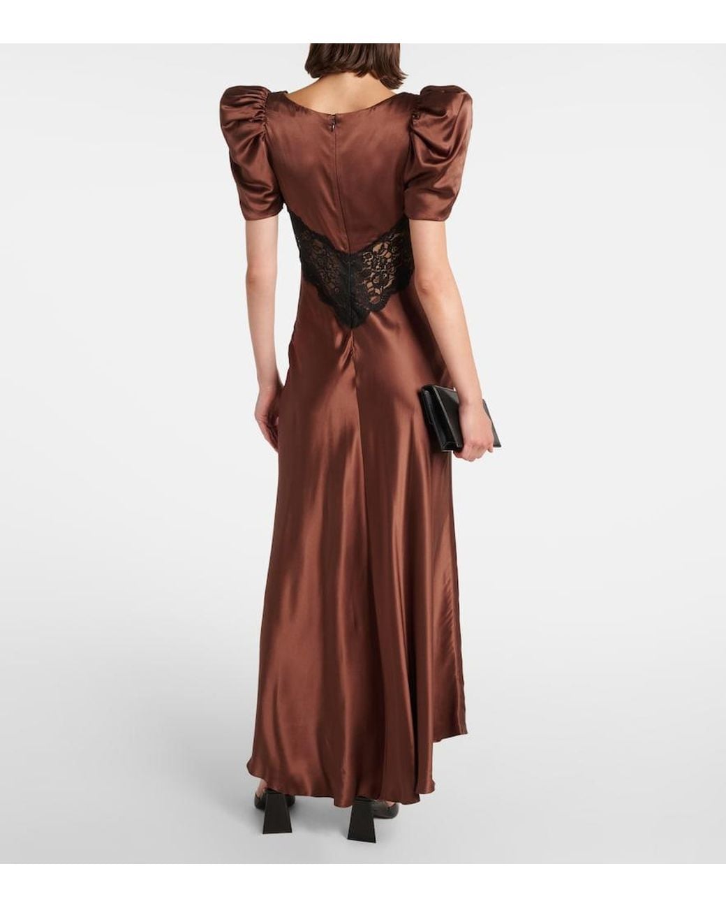 Rodarte Brown Lace-Trimmed Silk Charmeuse Gown