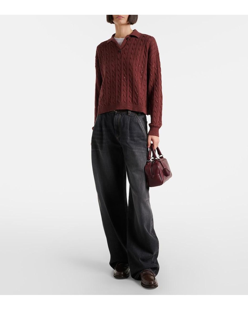 Brunello Cucinelli Red Cable-Knit Cotton-Blend Polo Sweater