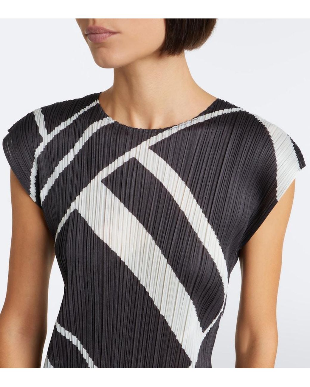 Pleats Please Issey Miyake Black Fold Line Pleated Printed Midi Dress