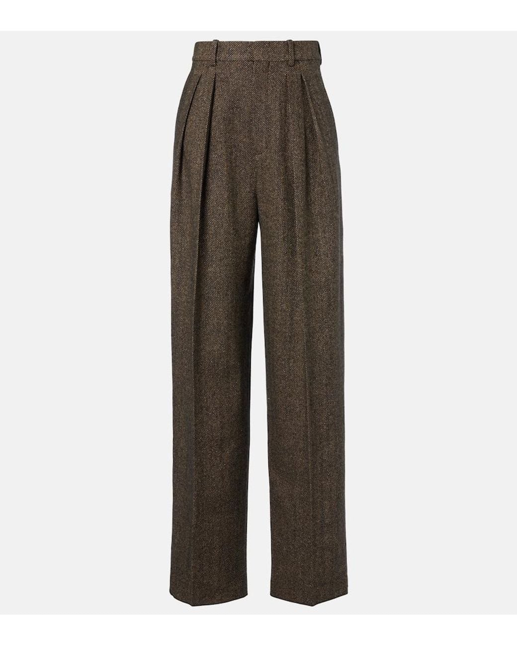 Saint Laurent Brown Herringbone Wool-Blend Wide-Leg Pants
