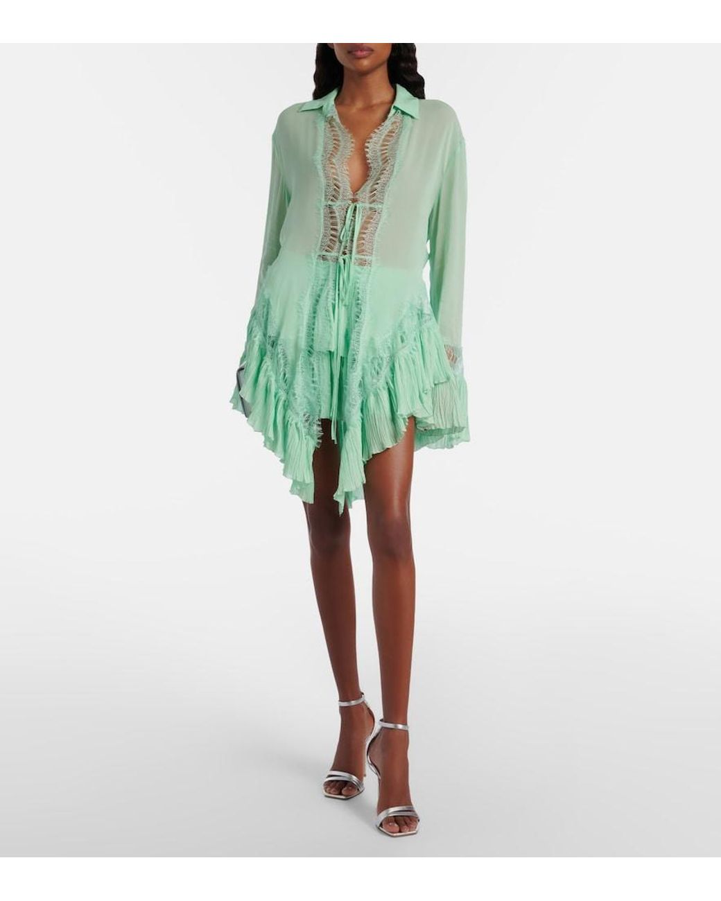 Blumarine Green Plisse Tiered Georgette Miniskirt