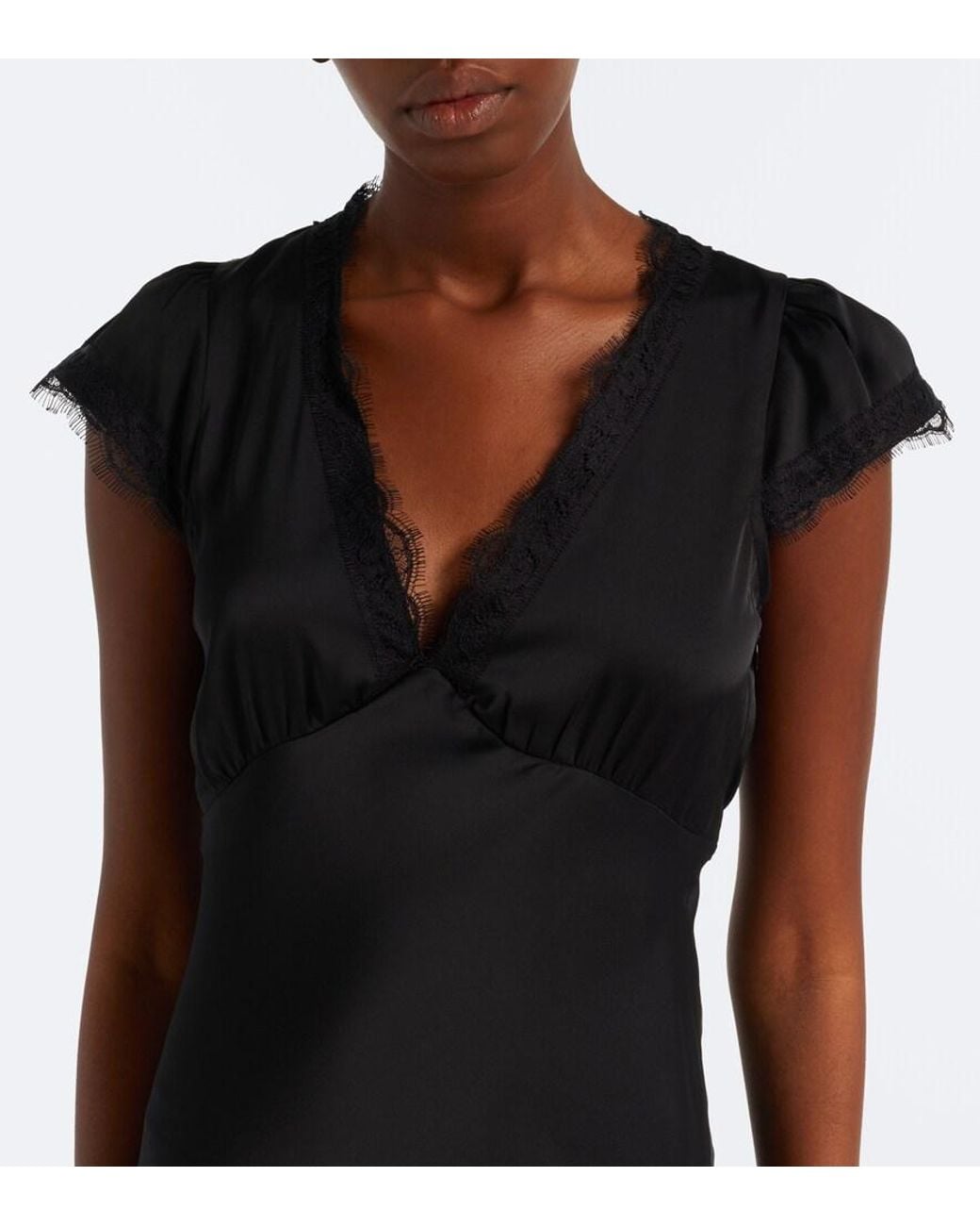Faithfull The Brand Black Mina Lace-Trimmed Satin Midi Dress