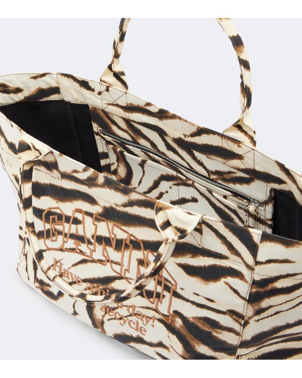 Ganni Metallic Large Zebra-Print Canvas Tote Bag