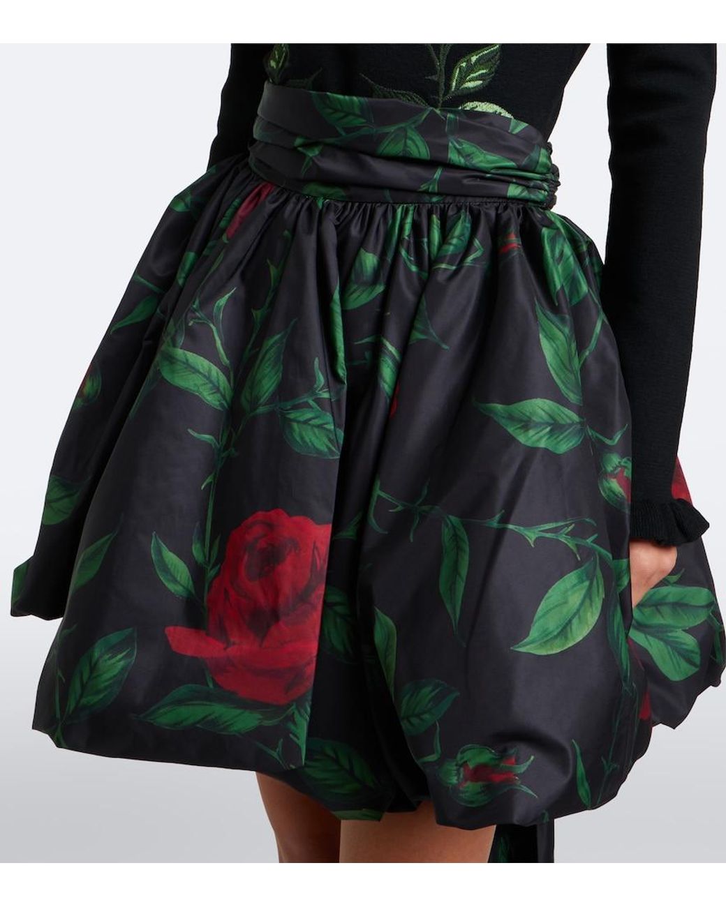 Blumarine Green Bow-Detail Floral Taffeta Miniskirt