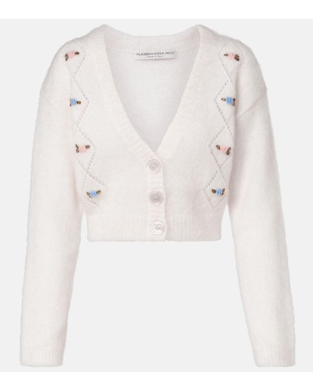 Alessandra Rich White Embroidered Mohair-Blend Cardigan