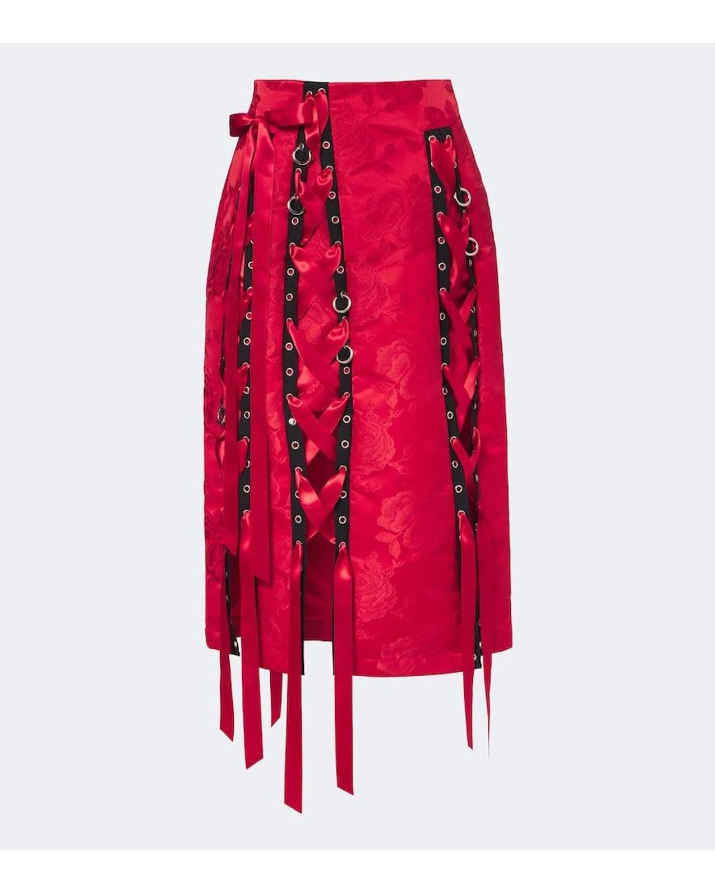 Simone Rocha Red Bow-Detail Floral Brocade Midi Skirt