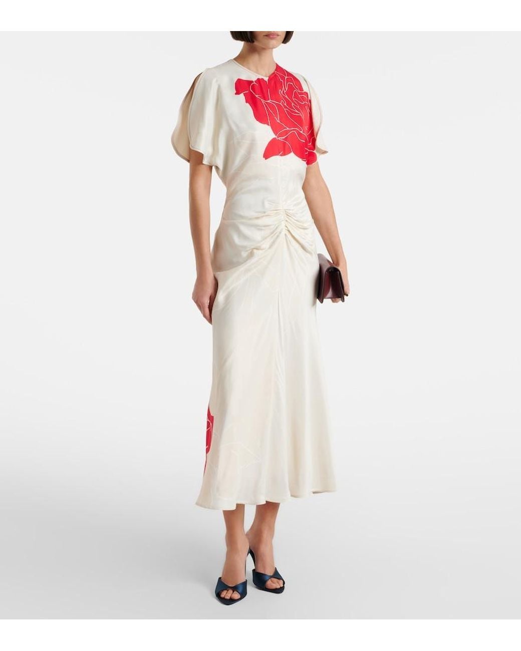 Victoria Beckham White Gathered Floral Midi Dress