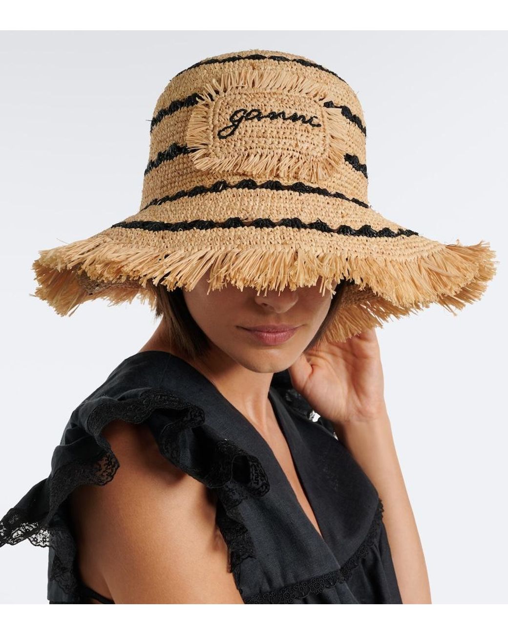 Ganni Natural Striped Raffia Bucket Hat