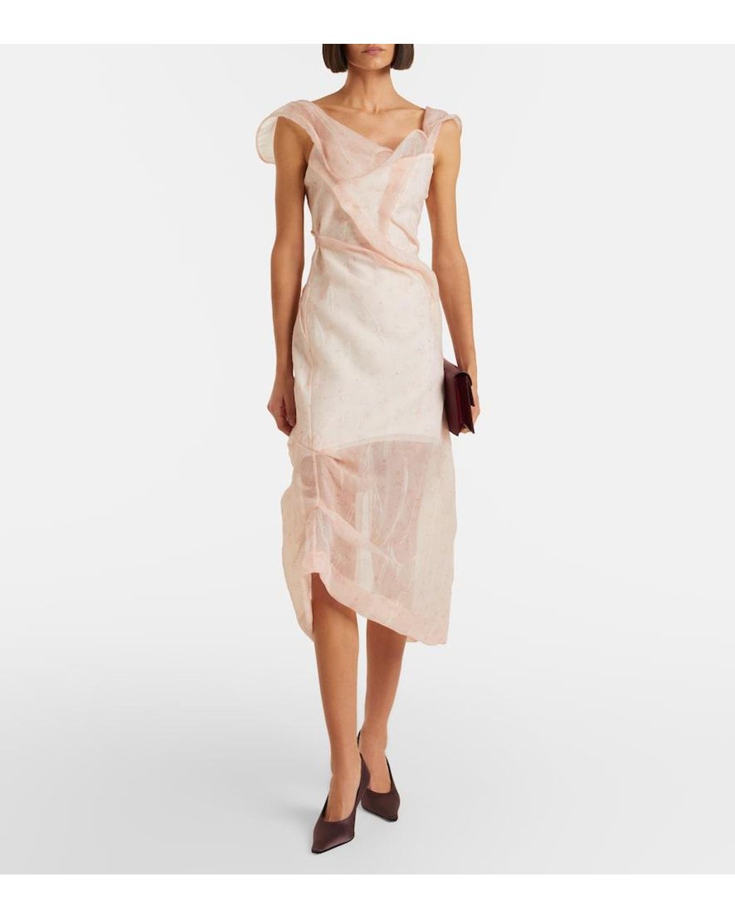 Victoria Beckham Natural Asymmetric Ruched Organza Midi Dress