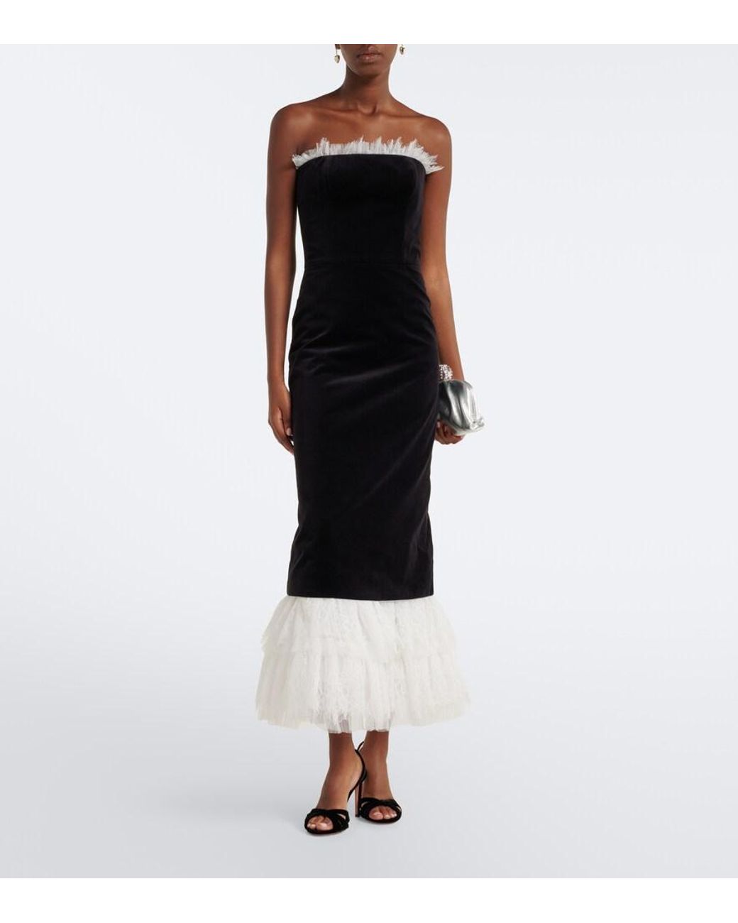 Costarellos Black Isabetta Lace-Trimmed Velvet Midi Dress