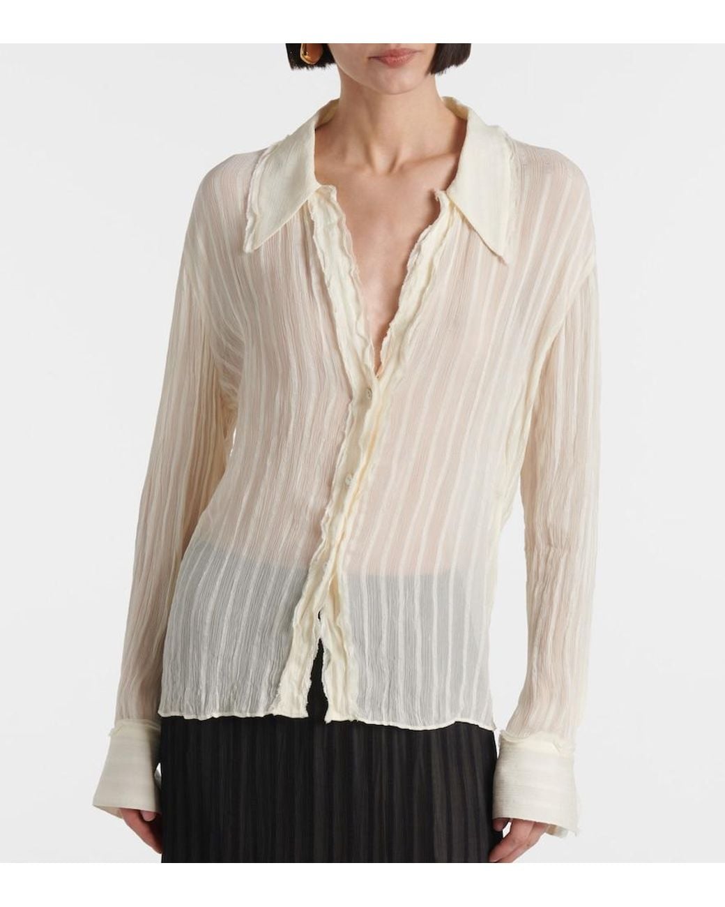 Vince White Ruffled Striped Semi-Sheer Shirt