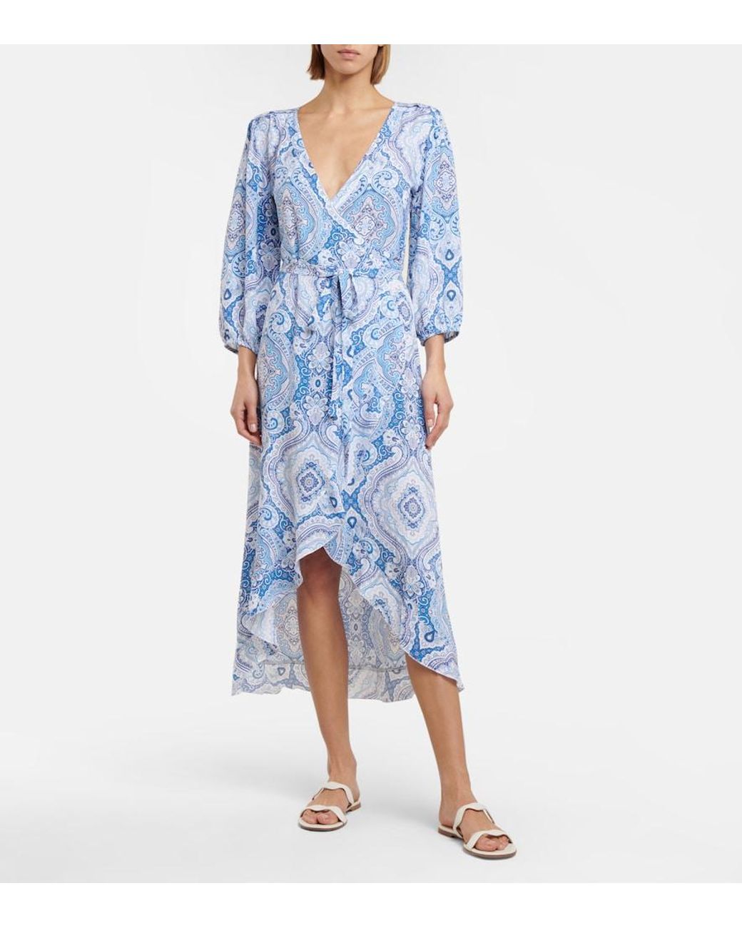 Melissa Odabash Blue Taylor Printed Wrap Midi Dress