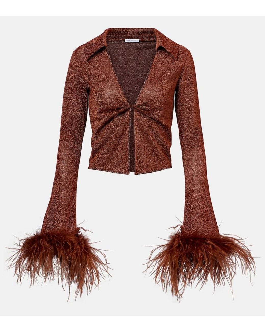 Oseree Brown Lumiere Plumage Feather-Trimmed Blouse