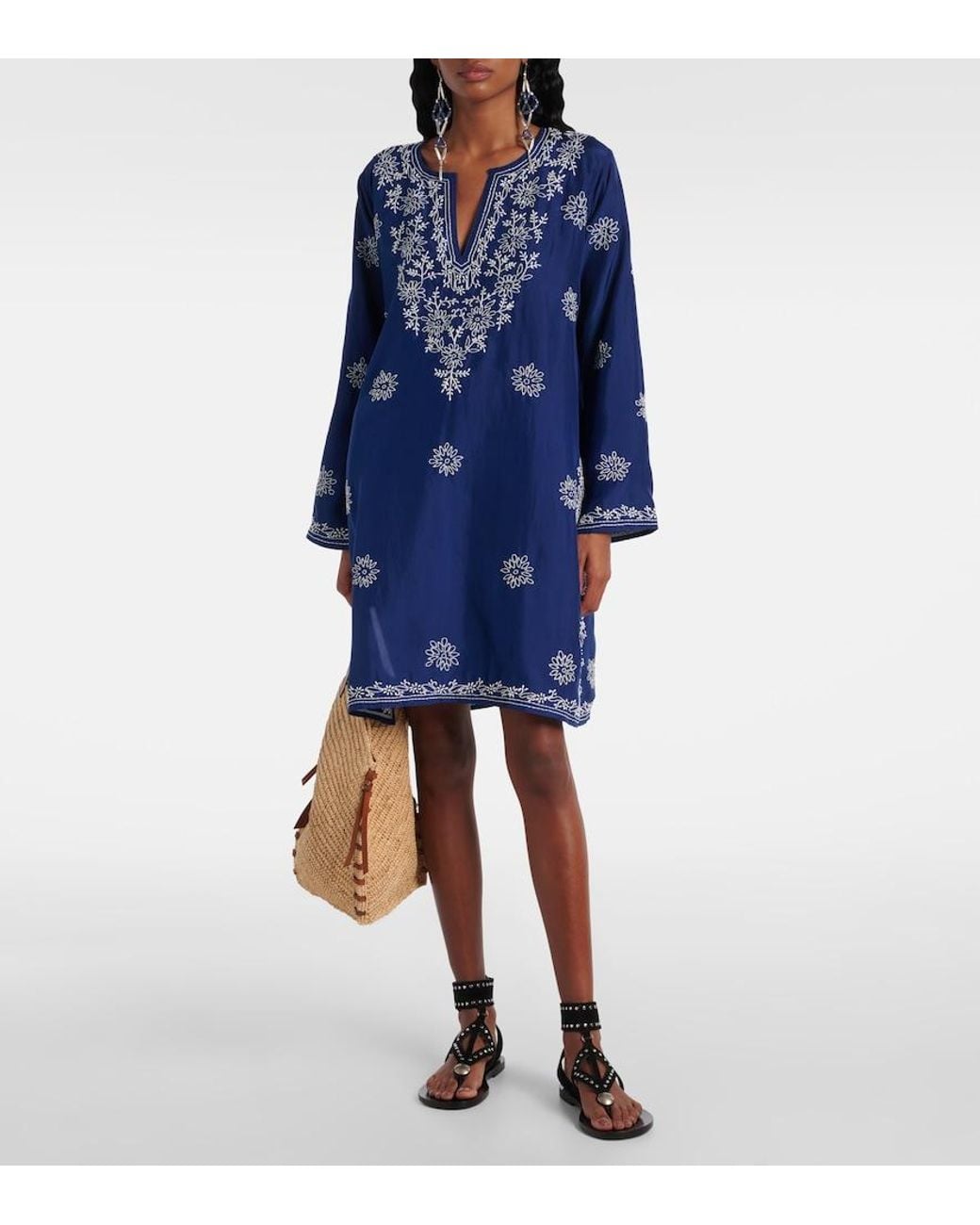 Juliet Dunn Blue Embroidered Silk Tunic