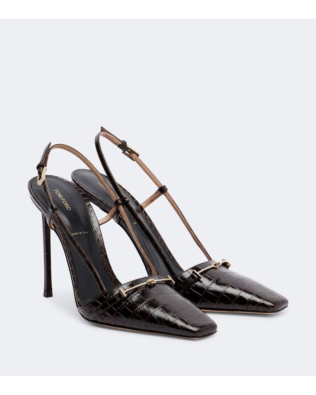 Tom Ford Black Arc Croc-Effect Leather Slingback Pumps
