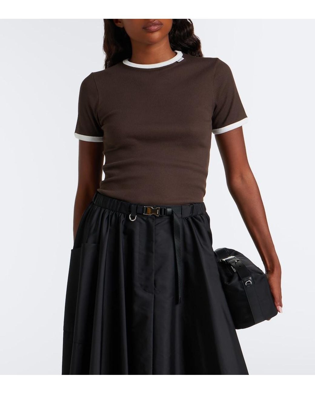 Prada Brown Ribbed-Knit Cotton T-Shirt
