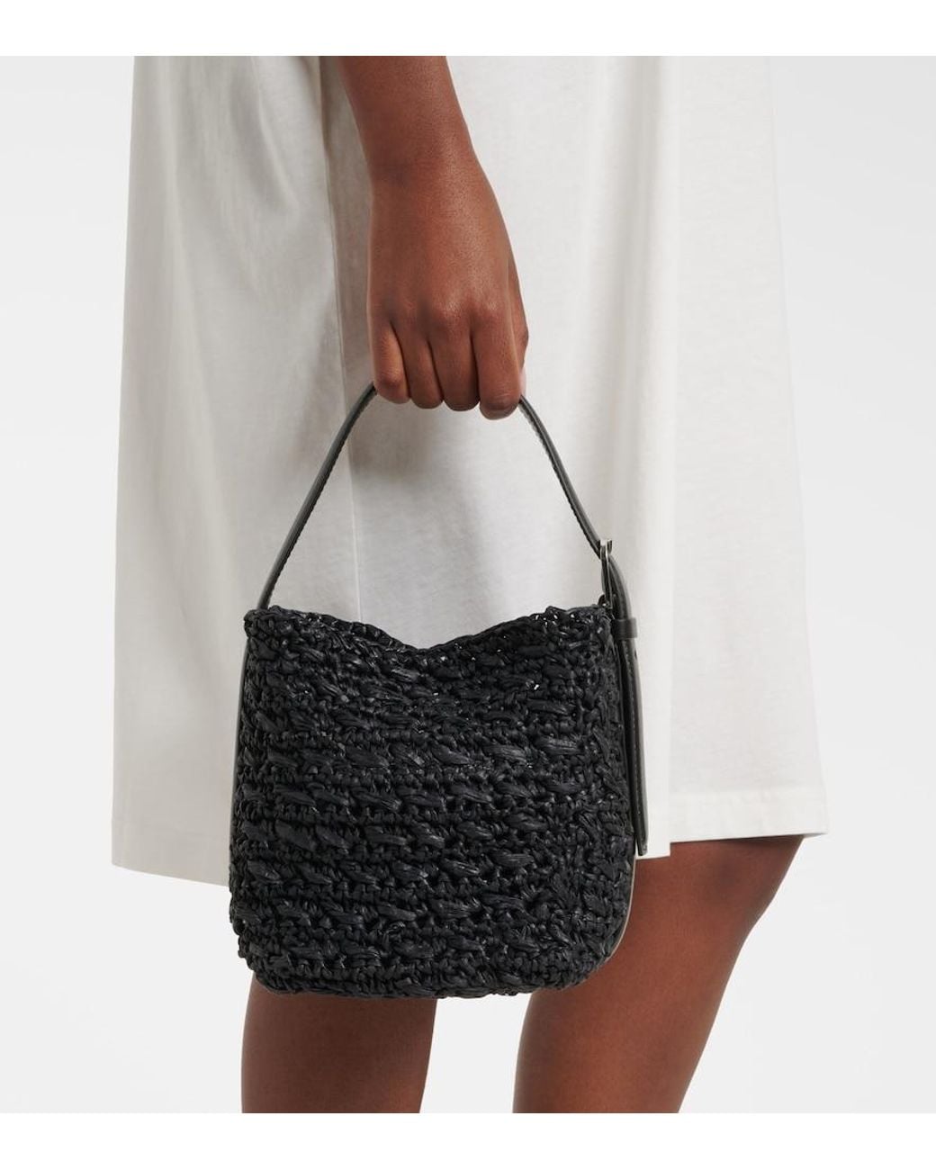 Totême Black Belted Small Raffia Top-Handle Bag