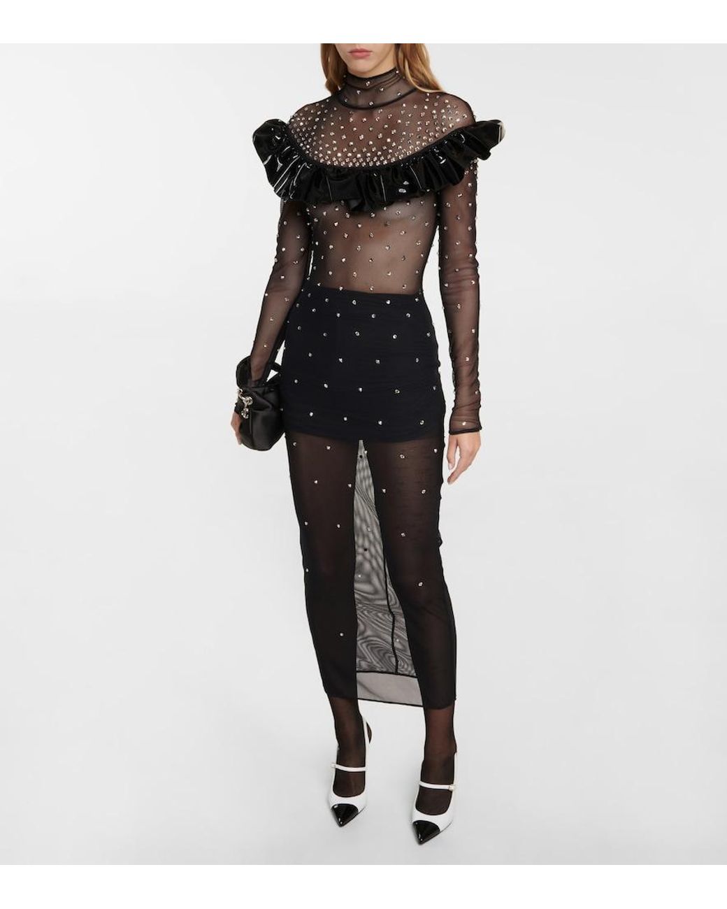 Alessandra Rich Gray Embellished Mesh Midi Dress