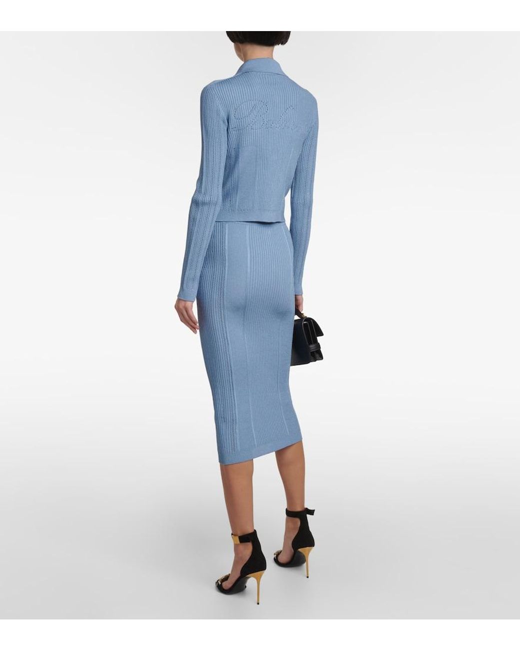Balmain Blue Ribbed-Knit Midi Skirt