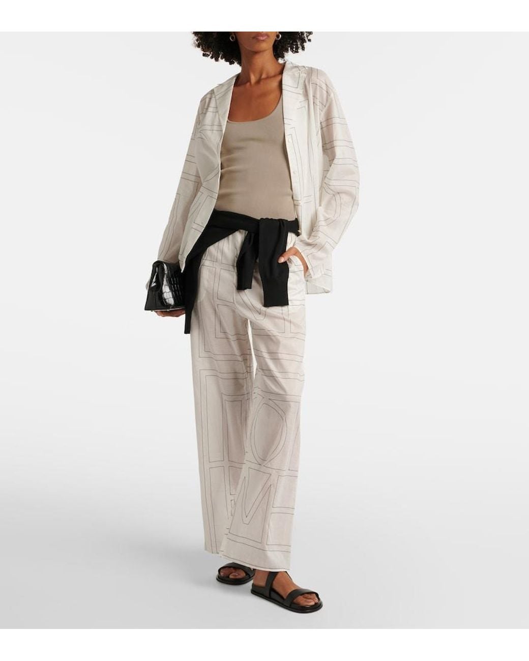 Totême  White Monogram Cotton-Blend Wide-Leg Pants