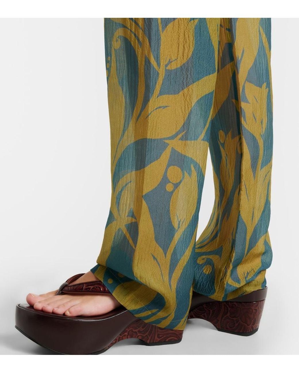 Dries Van Noten Green Pachas Printed Silk Straight Pants