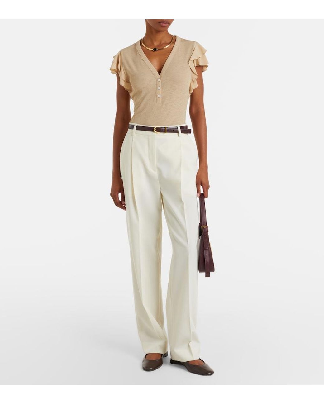 Veronica Beard Natural Aphrodite Ribbed-Knit Ruffled Top