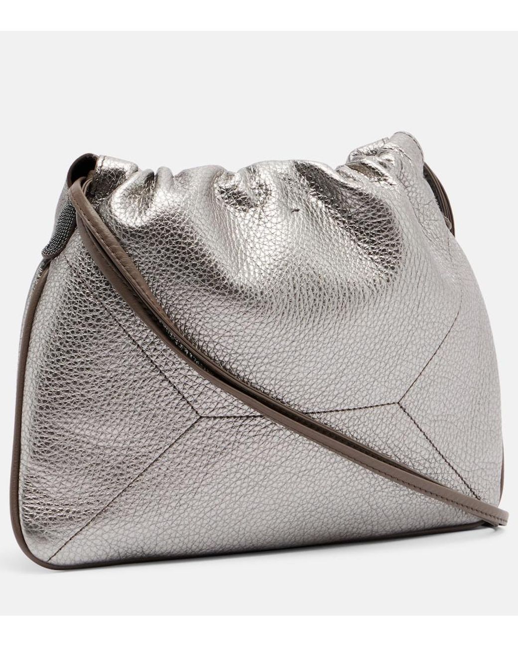 Brunello Cucinelli Gray Monili Small Metallic Leather Crossbody Bag