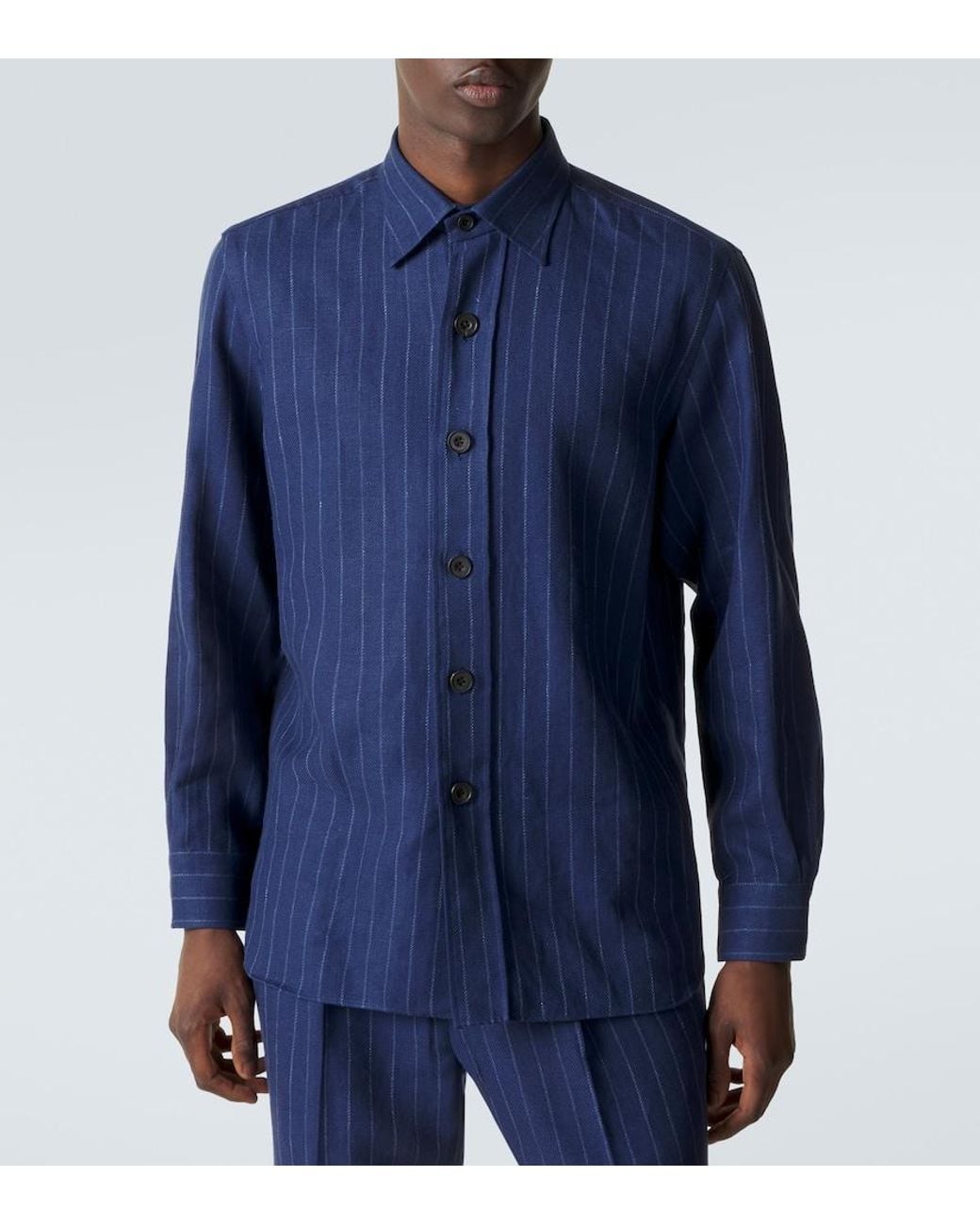 Rubinacci Blue Striped Linen And Wool Shirt for men