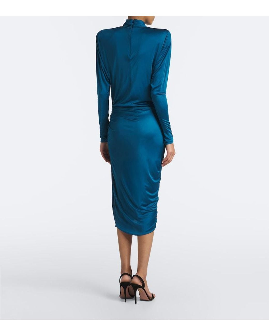 Balmain Blue Gathered Jersey Midi Dress
