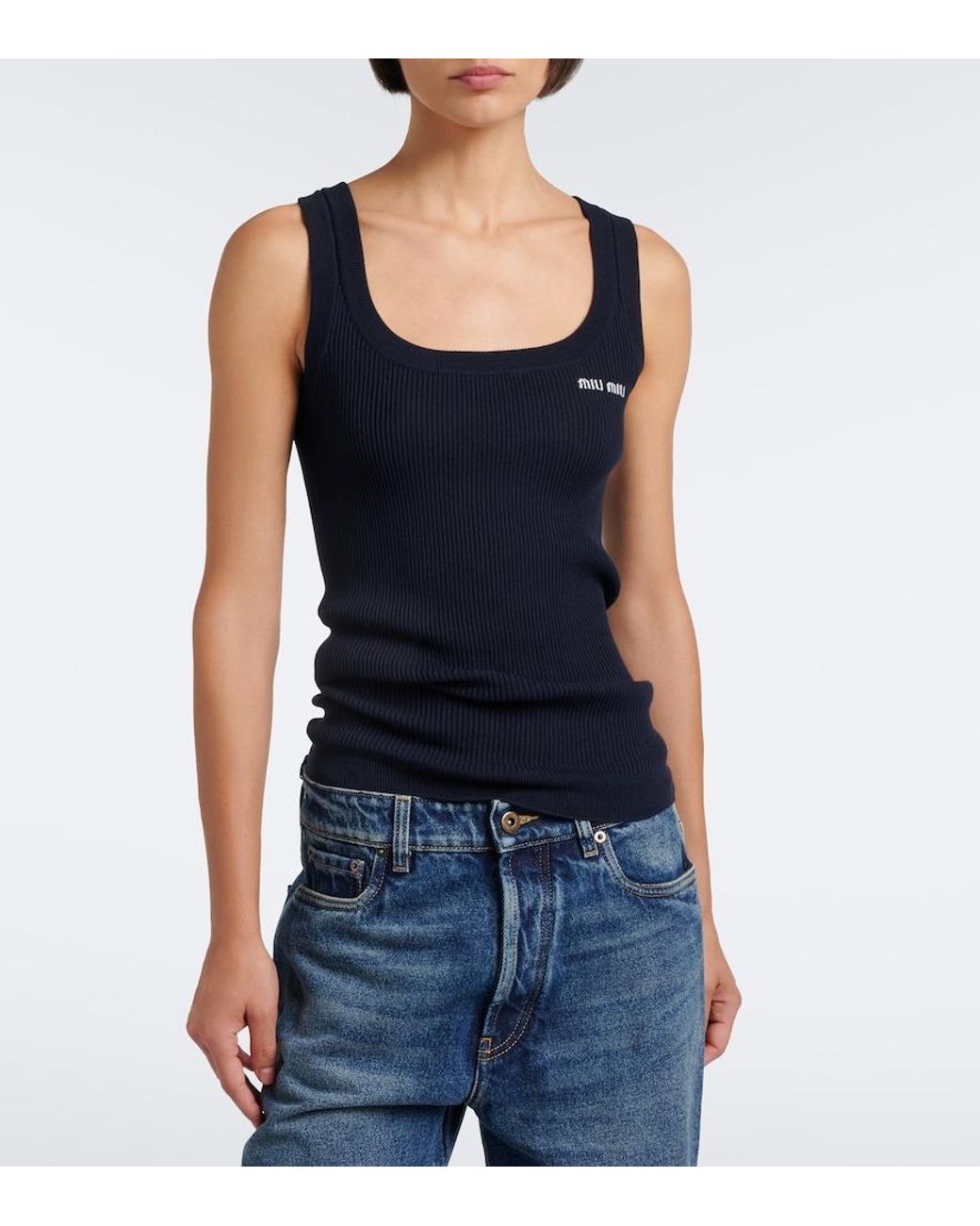 Miu Miu Blue Ribbed-Knit Cotton Tank Top