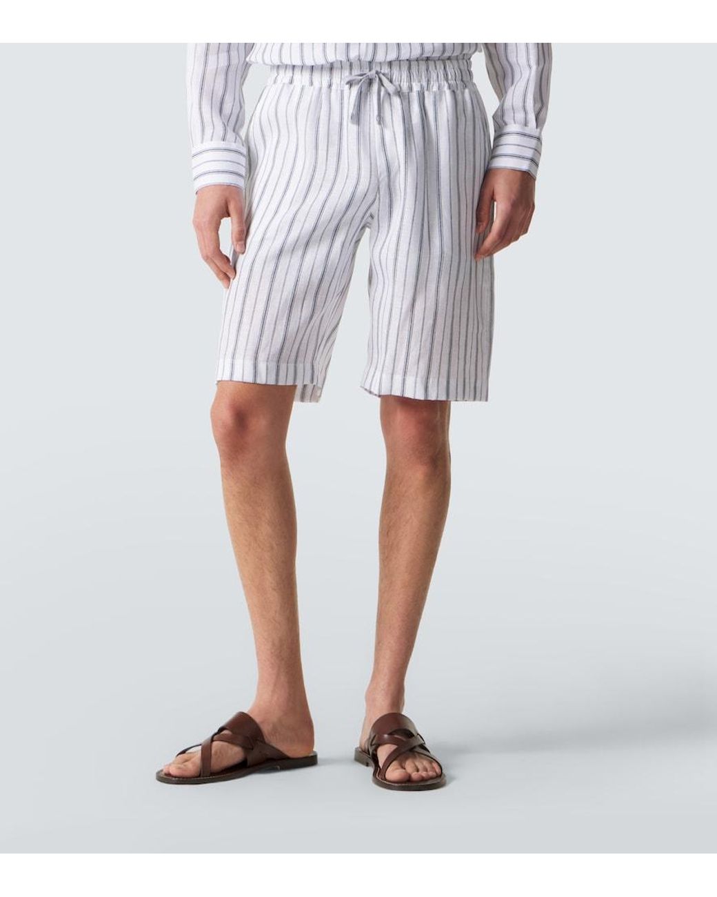 Fedeli White Striped Linen Bermuda Shorts for men