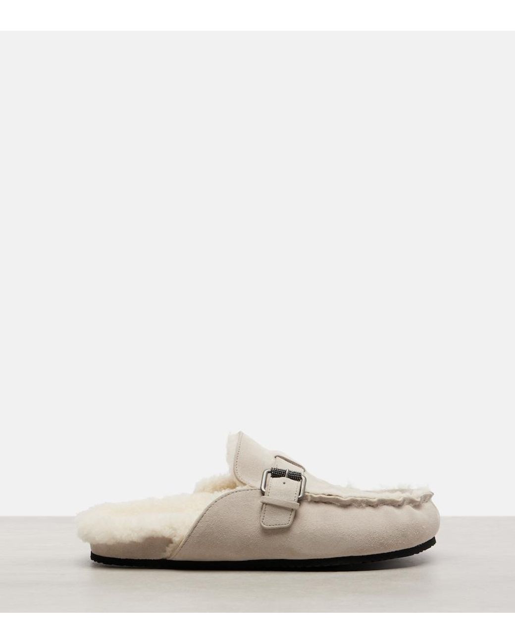 Brunello Cucinelli White Monili Shearling-Lined Suede Mules