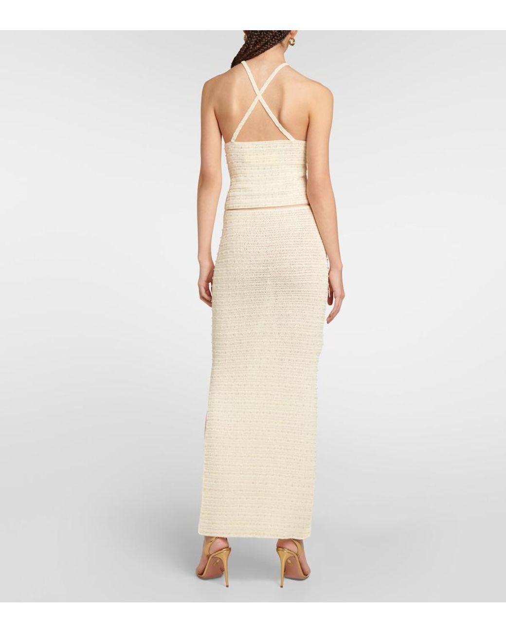 AYA MUSE Natural Veluti Embellished Crochet Maxi Dress