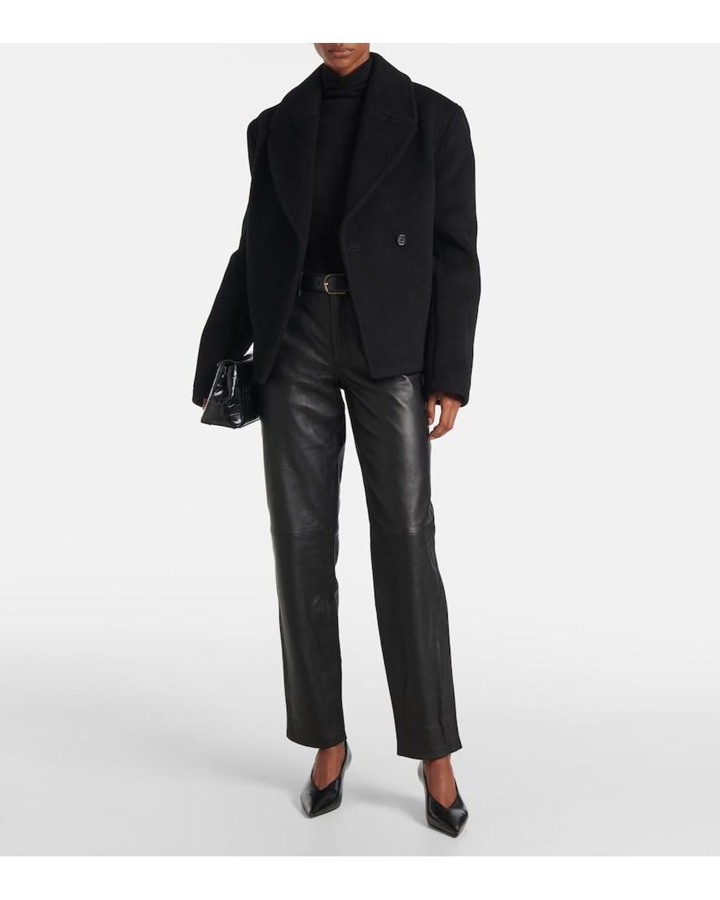 Totême  Black Cropped Wool-Blend Peacoat