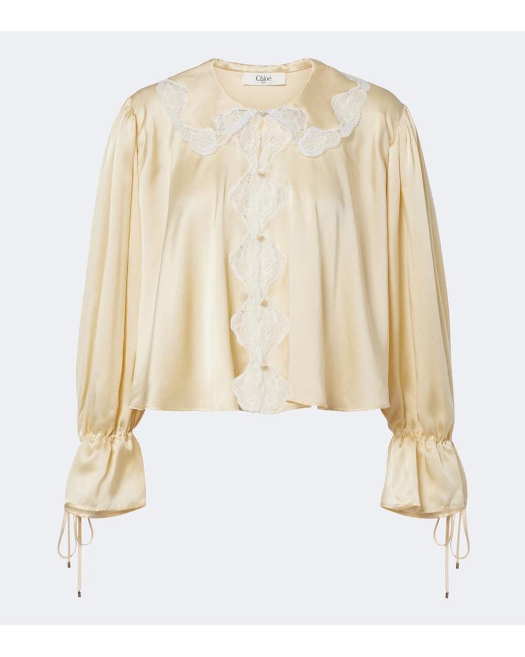 Chloé Natural Lace-Trimmed Silk Satin Blouse