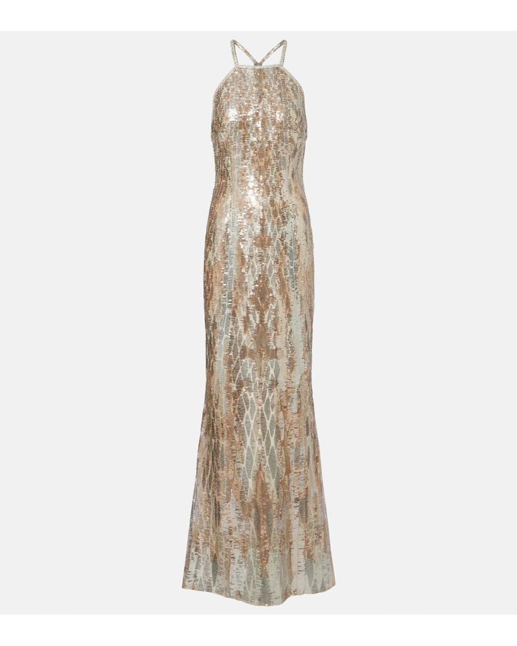 Elie Saab Natural Sequined Silk-Blend Gown