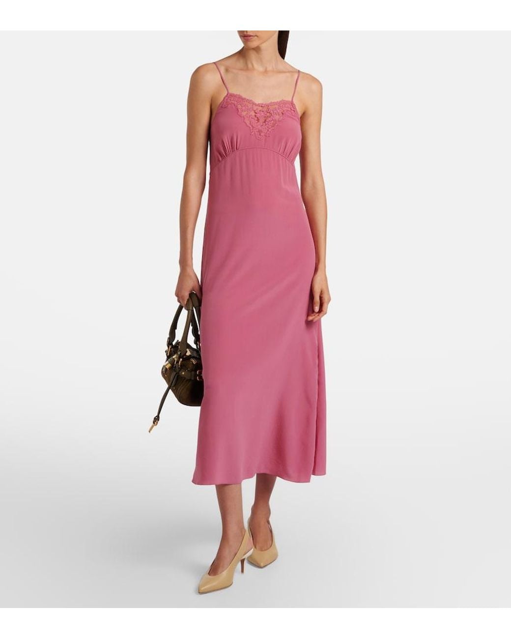 Chloé Pink Lace-Trimmed Silk Slip Dress