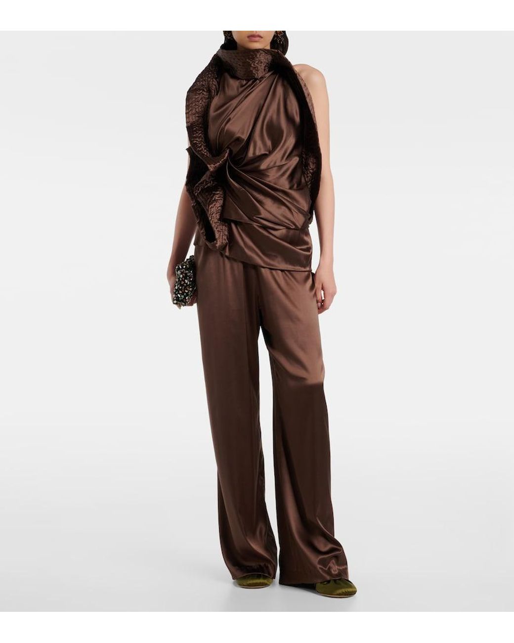 Dries Van Noten Brown Asymmetric Draped Silk-Blend Satin Top