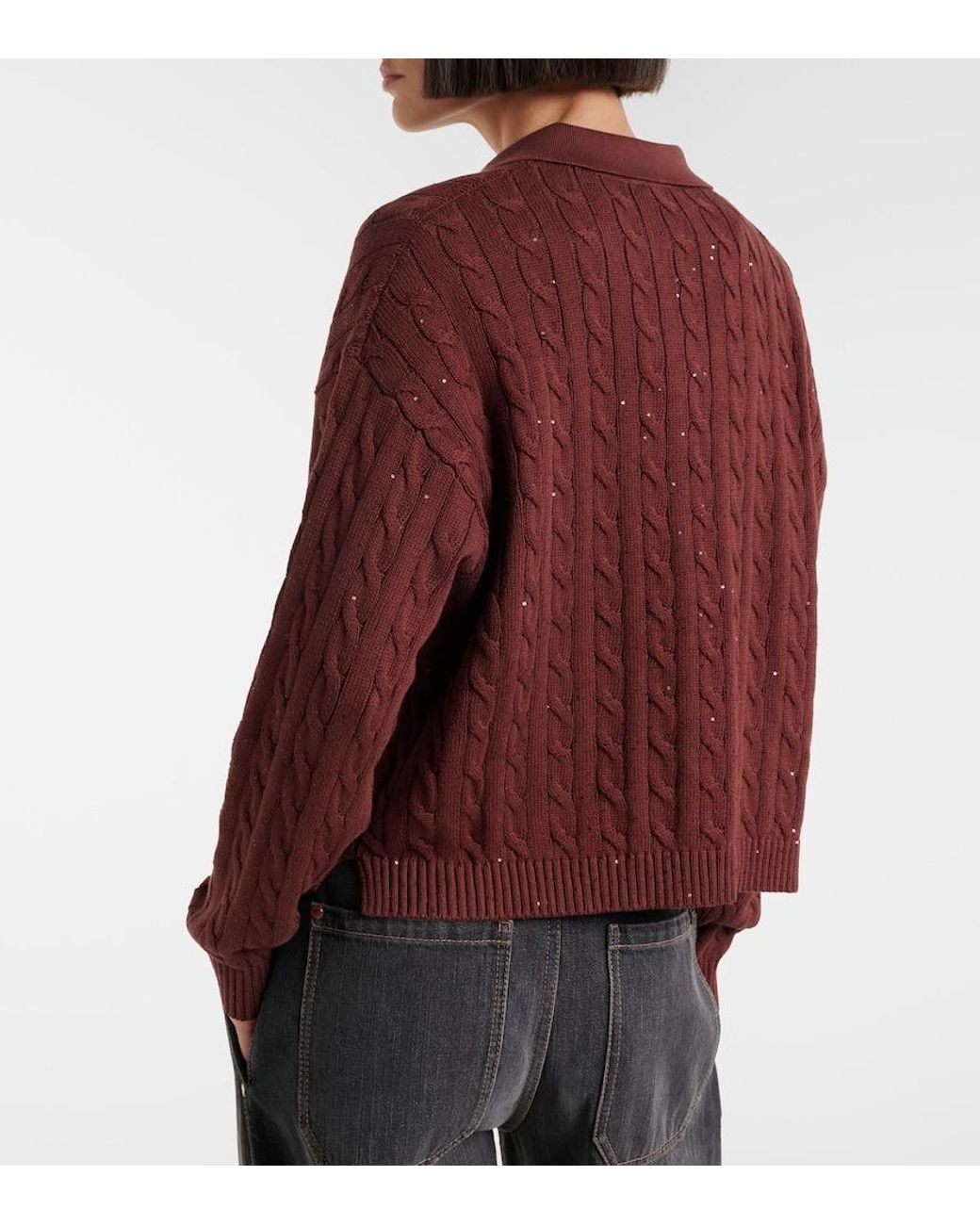 Brunello Cucinelli Red Cable-Knit Cotton-Blend Polo Sweater