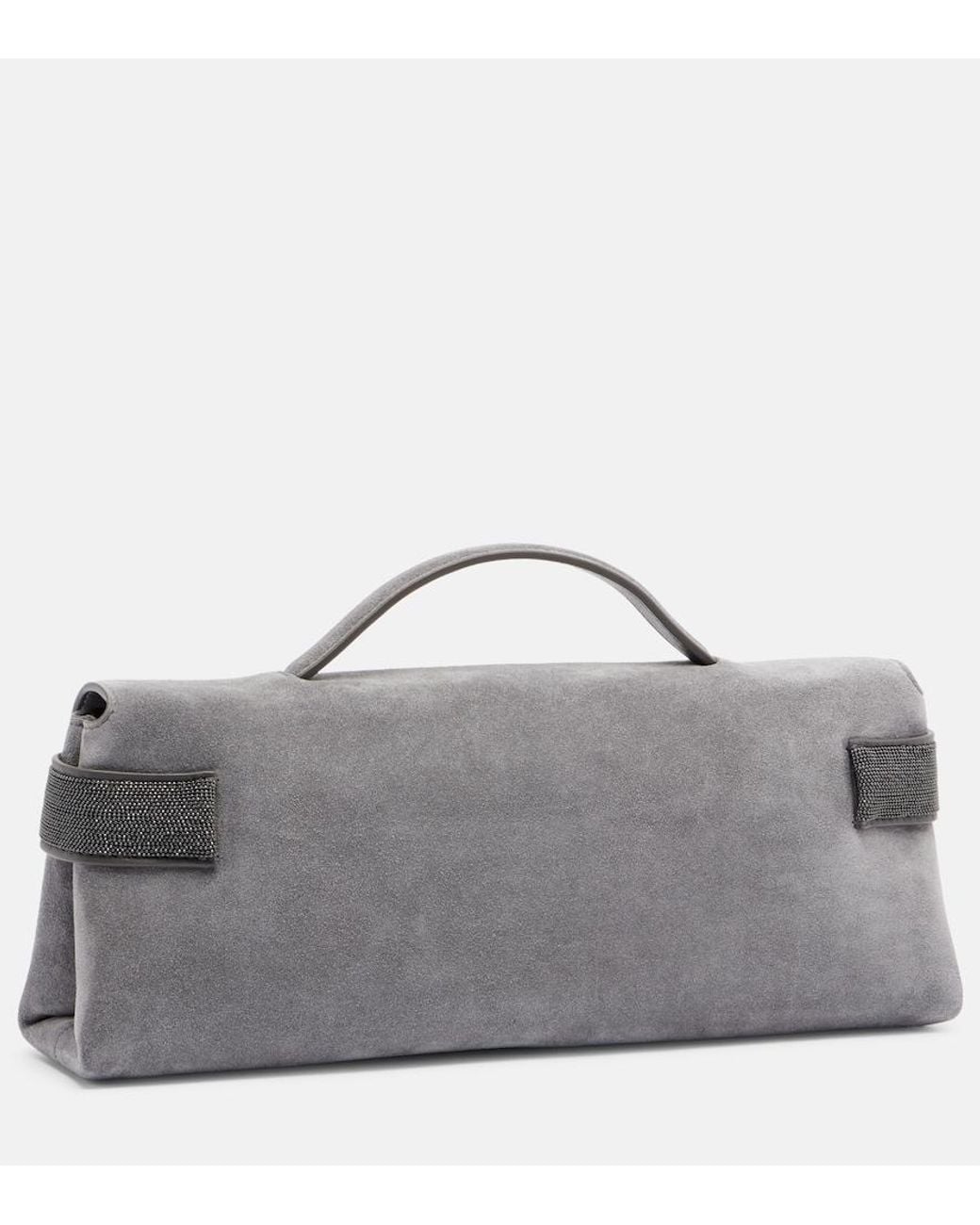 Brunello Cucinelli Gray Monili Small Embellished Suede Top-Handle Bag