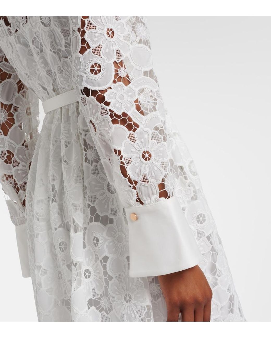 Self-Portrait White Belted Guipure Lace Shirt Dress