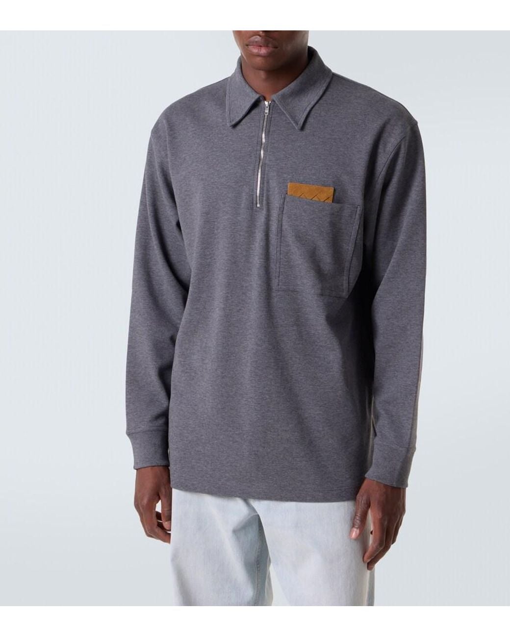 Bottega Veneta Blue Intrecciato Cotton Jersey Polo Sweater for men
