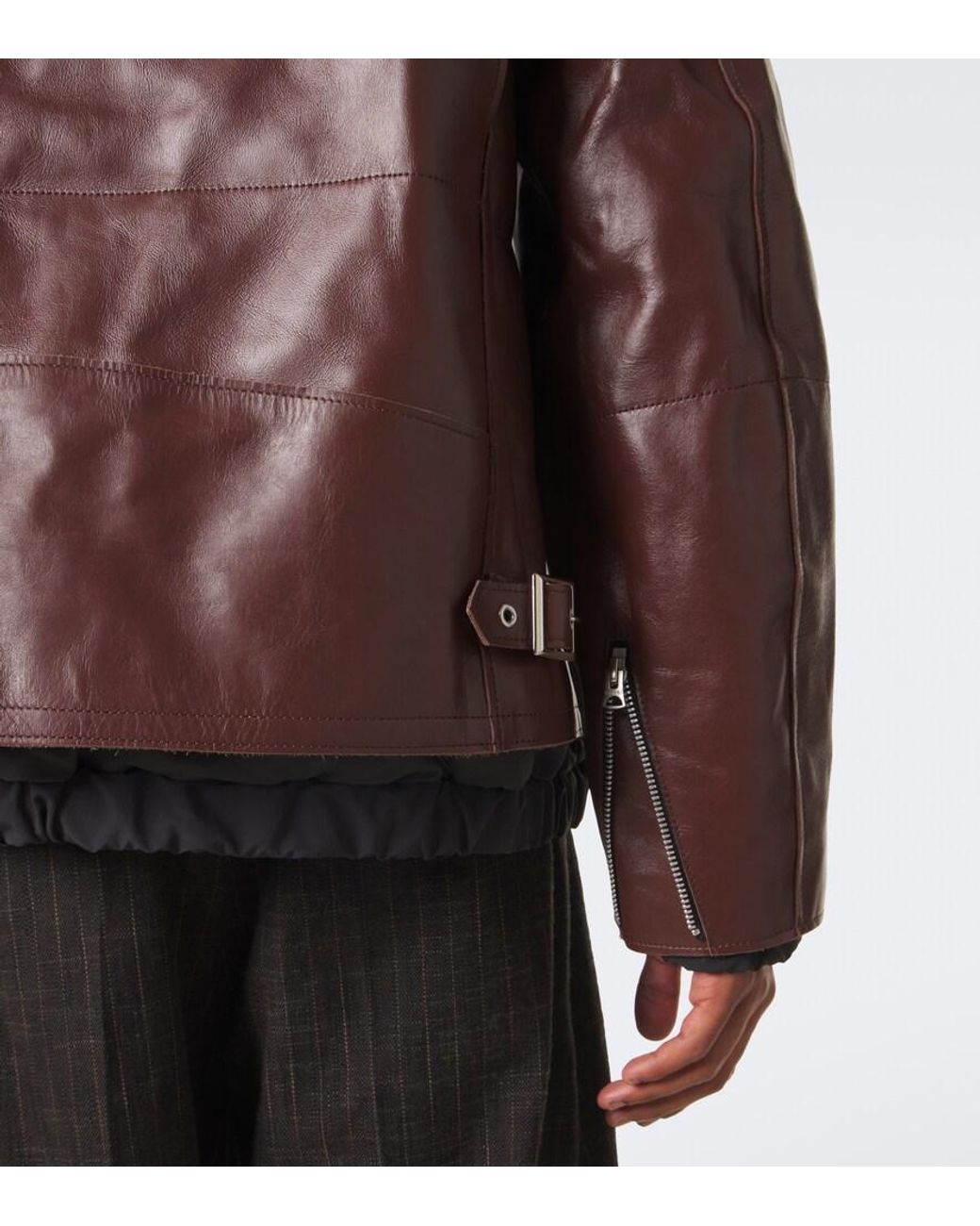 Sacai Brown Layered Leather Down Jacket for men