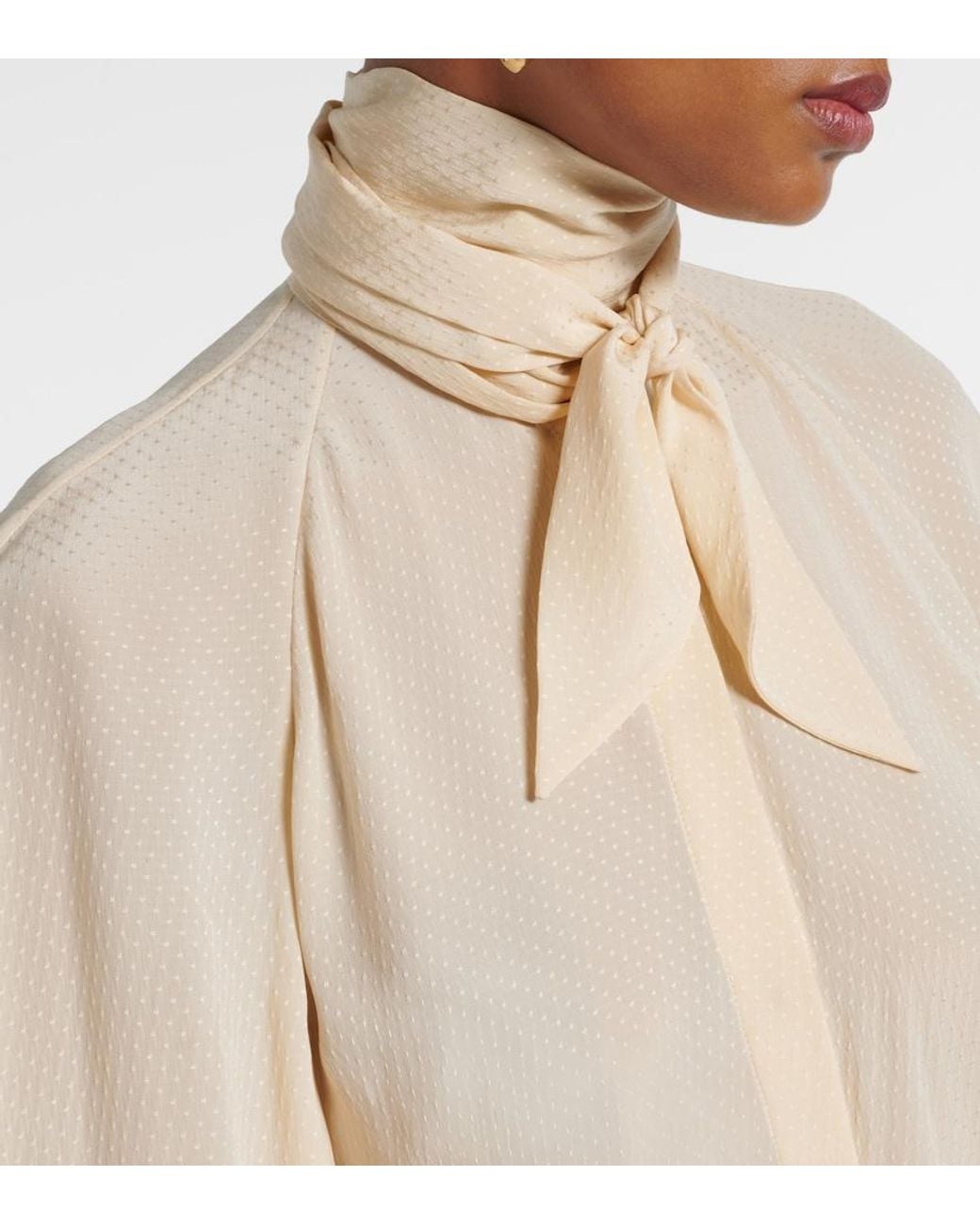 Loro Piana Natural Valmy Tie-Neck Silk Blouse